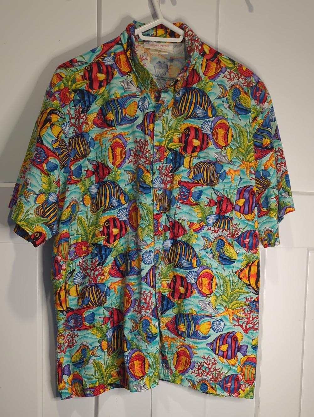 Vintage 1990s Men's Tropical Fish Print Short-Sleeve Shirt - Blue Multi Size XL